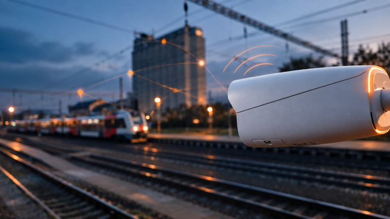 AI security camera monitoring a railway environment with real-time mobile connectivity and data transmission.
